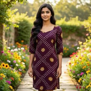 Vintage Cotton Midi Dress Brown Diamonds Pattern Zip Back Split Side Jrs XS/S